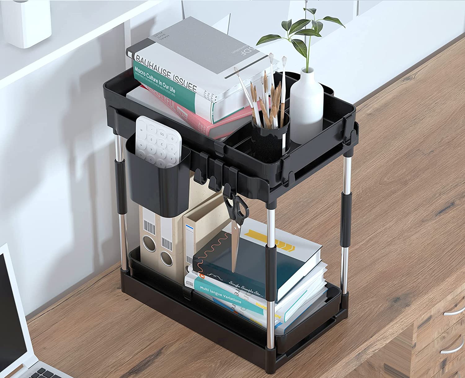 Double Sliding Under Sink Organizers and Storage - 2 Tier Pull Out Under Kitchen Cabinet Organizer w 2 Hanging Cup,6 Hooks,2 Dividers, Under Counter Sink Organization for Bathroom, Adjustable H and W