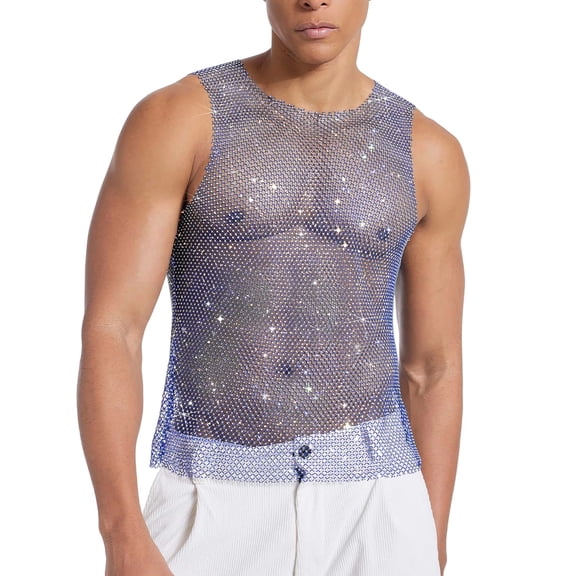 Alkepwun Tank Tops for Men Sparkly Sheer Sexy Mesh Rhinestone Muscle Shirts Summer Sleeveless Round-Neck Party Nightclub Top