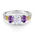 thumbnail image 2 of Gem Stone King 925 Sterling Silver and 10K Yellow Gold Oval White Moissanite Purple Amethyst and White Diamond 3 Stone Ring for Women (2.43 Cttw, Gemstone Birthstone, Size 8), 2 of 3