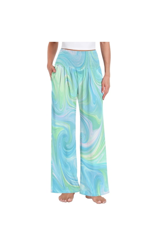 Women's High Waisted Wide Leg Pants Casual Summer Trousers with Pockets Smocked Waist Soft Breathable Lounge Pants for Home Yoga Travel Shopping S-XXL Iridescent Swirl Marble Print