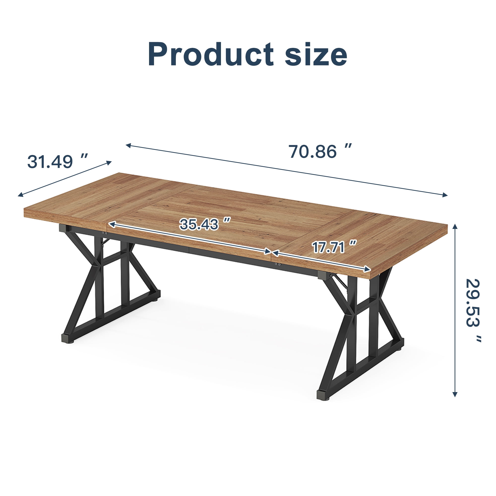 Demi Bonn 71" Farmhouse Dining Table, Wood Rustic Kitchen Table for 6 People, Large Rectangular Dinner Table for Dining Room, Home Office, Living Room Furniture, Walnut & Black