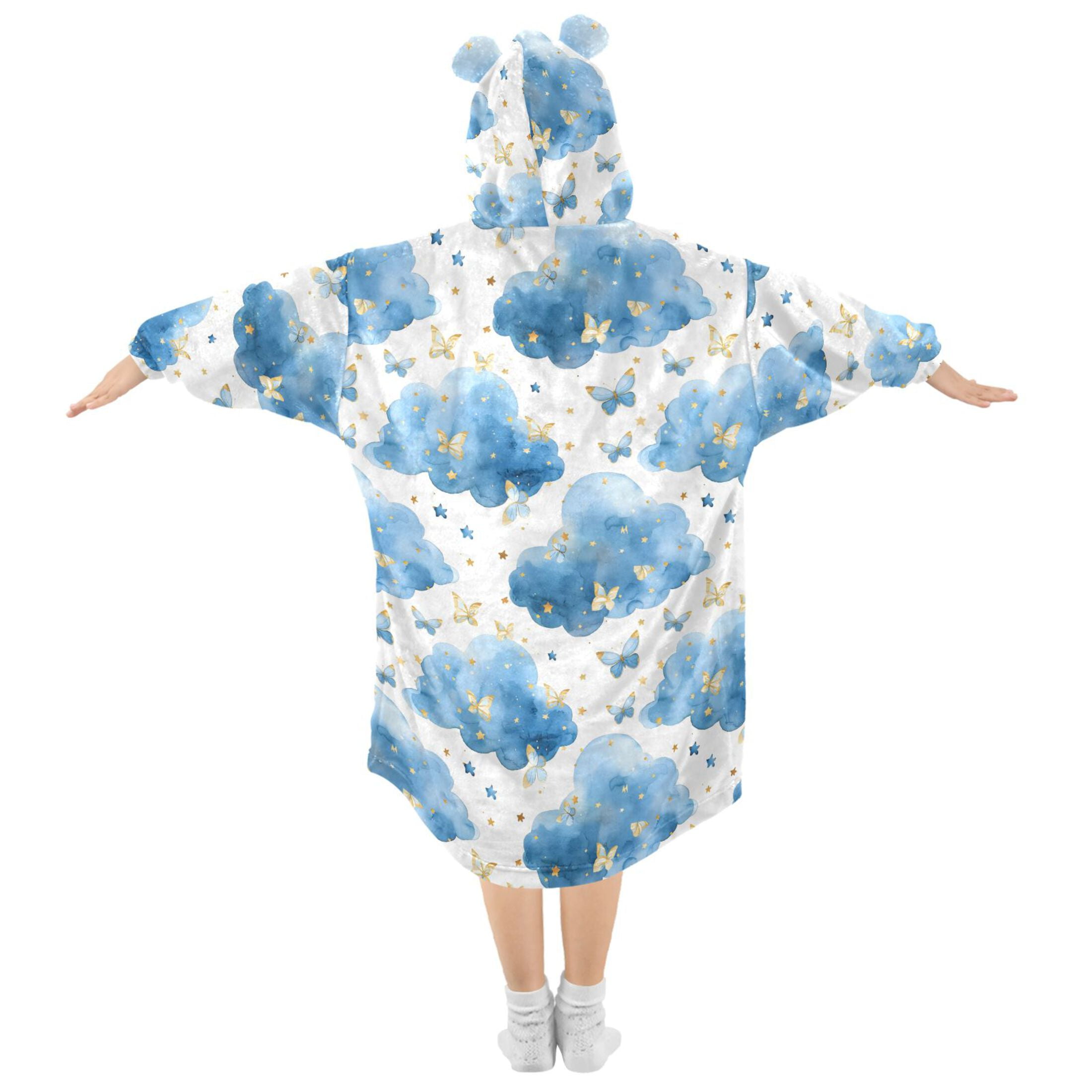 Dailycode Wearable Blanket Hoodie Oversized Sherpa Flannel Blankets with Pocket for 3-14 Year Old Butterflies and Cloud