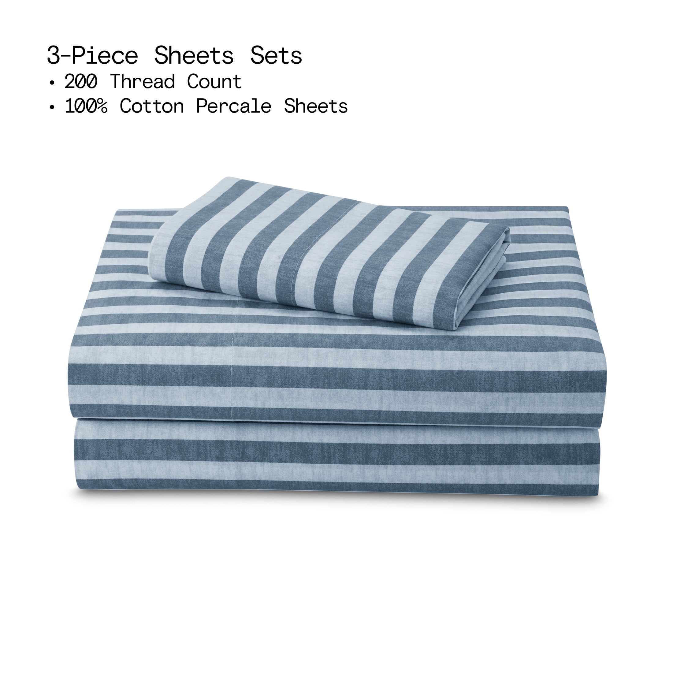 Beautiful Striped 3-Piece 100% Cotton Percale Starry Night Blue Sheet Set, Twin by Drew Barrymore