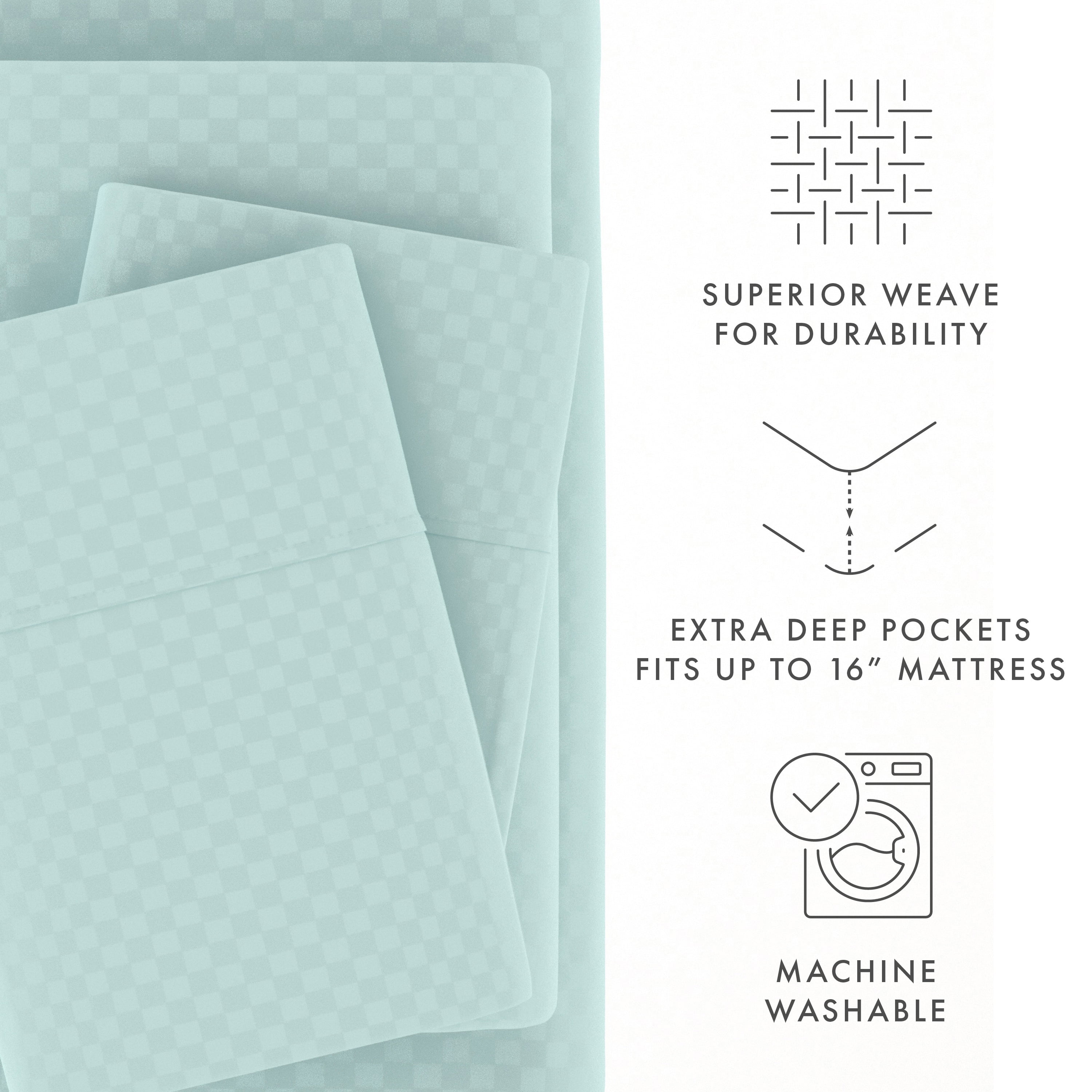 Noble Linens 4 Piece Aqua Checkered Embossed Bed Sheet Set, Full
