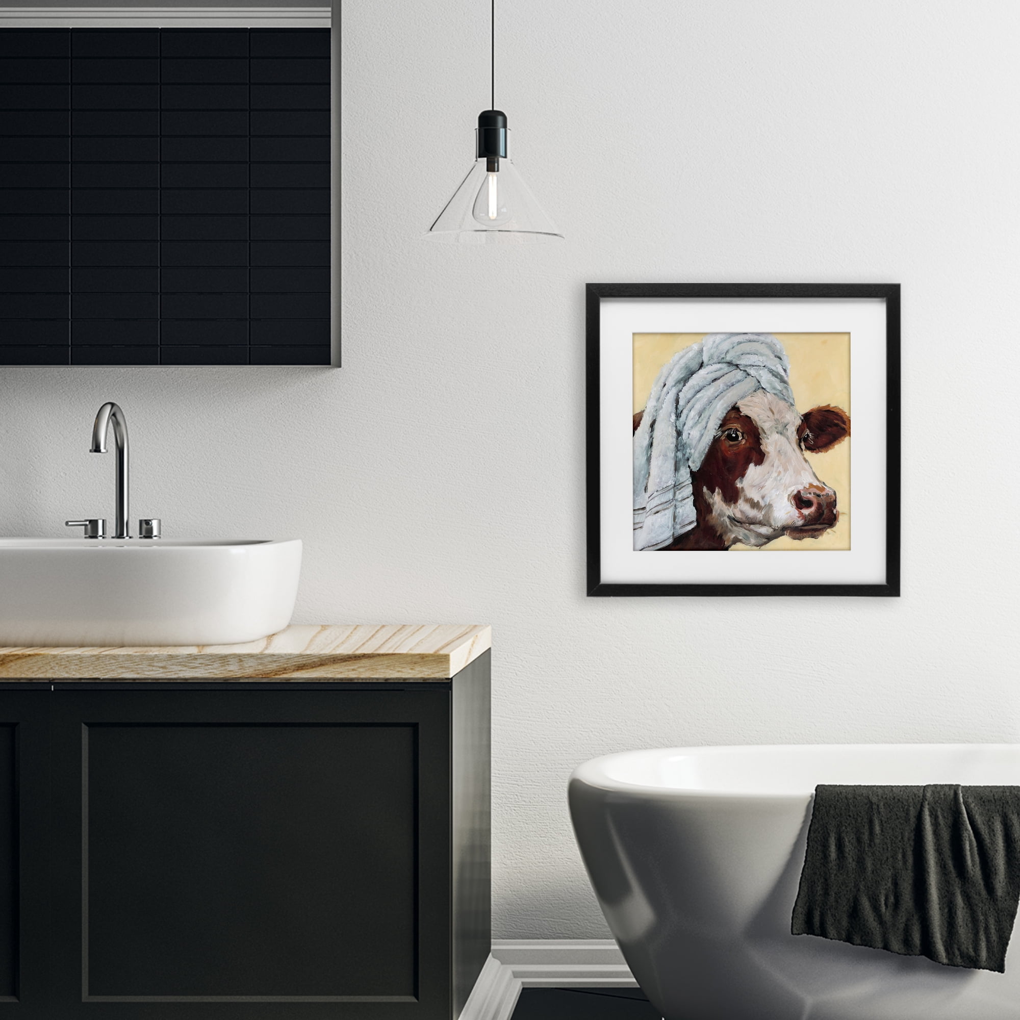 Stupell Industries Cow Spa with Towel Black Framed Print Under Glass, design by Studio Bautista