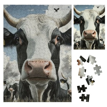 Palnkart Surrealism Cow Field Wooden Jigsaw Puzzle Vertical Impossible Wooden Puzzles Family Friends Gift 300PCS