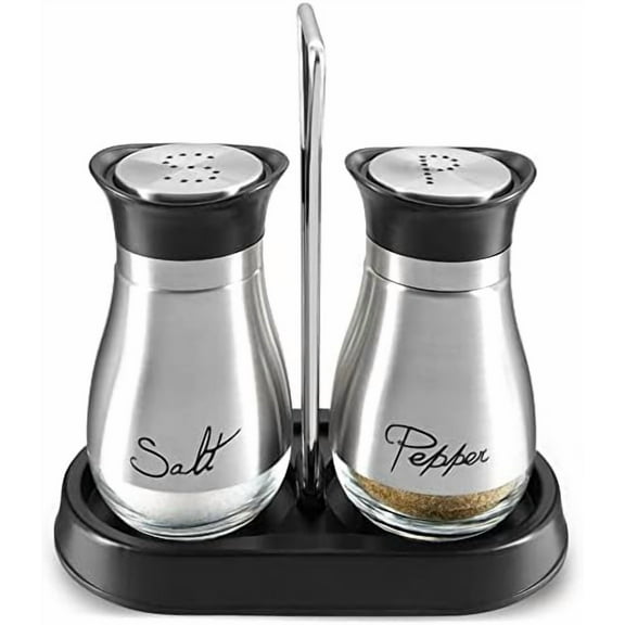Stainless Steel Salt and Pepper Shakers Set with Holder, Refillable, Clear Glass Bottoms, Screw-Off Perforated "S" and "P" Caps for Kitchen Table Decor (4oz)