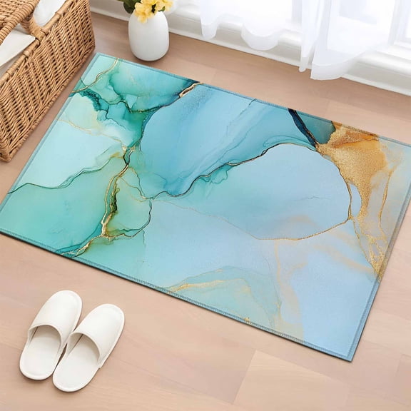 2x3 Ft Entryway Area Rug, Teal Marble Kitchen Rug Runner Washable Floor Mat, Modern Abstract Luxury Ink Painting Non Slip Indoor Door Mat Throw Carpet for Bathroom Living Room Bedroom