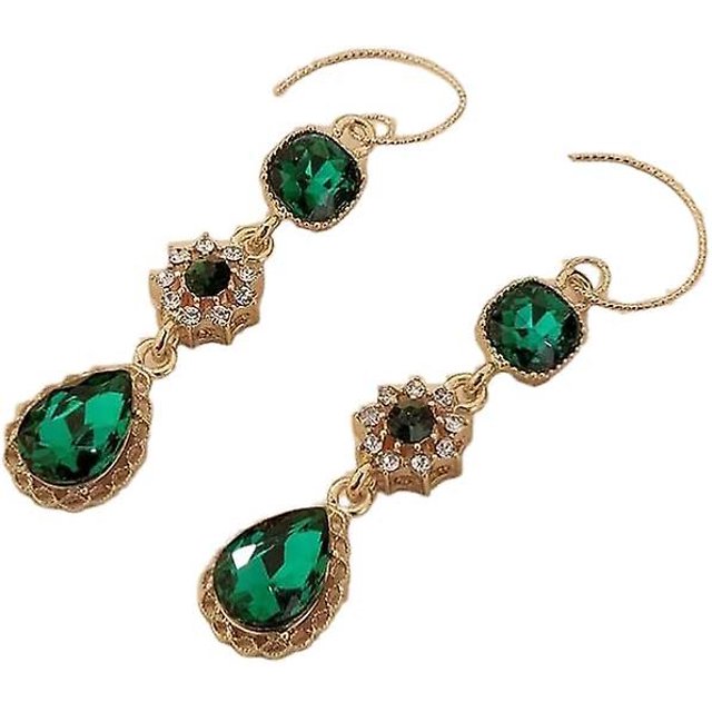 Conjunto de pendientes colgantes para novia, boda, novia, pendientes largos con cristales dorados y verdes en forma de lágrima y diamantes de imitación