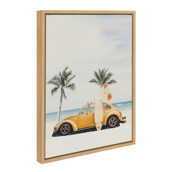 Kate and Laurel Sylvie Kangaroo Summer Adventures Framed Canvas Wall Art by July Art Prints, 18x24 Natural, Beach Animal Wall Art Decor