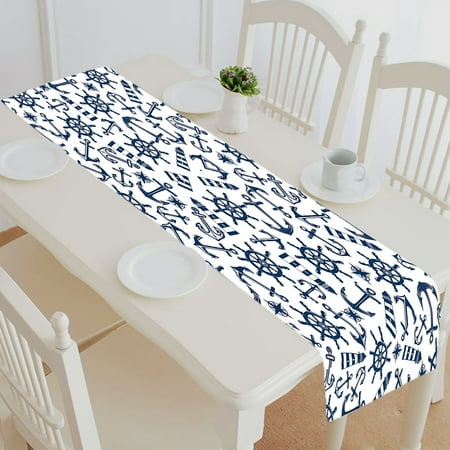 

ABPHQTO Retro Nautical Blue Ship Anchors Helms Lighthouses Vintage Table Runner Placemat Tablecloth For Home Decor 16x72 Inch