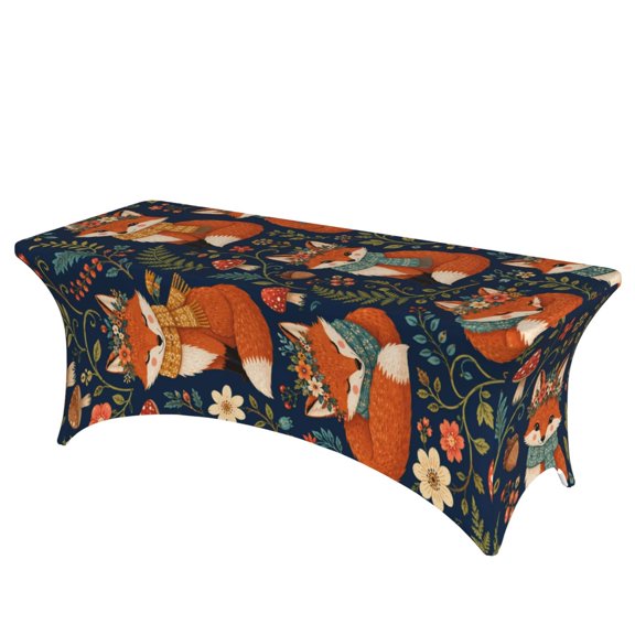 Fox Woodland Folk Pattern Stretch Rectangular Table Cover 6FT Elastic Fitted Tablecloth for Parties, Weddings, Banquets