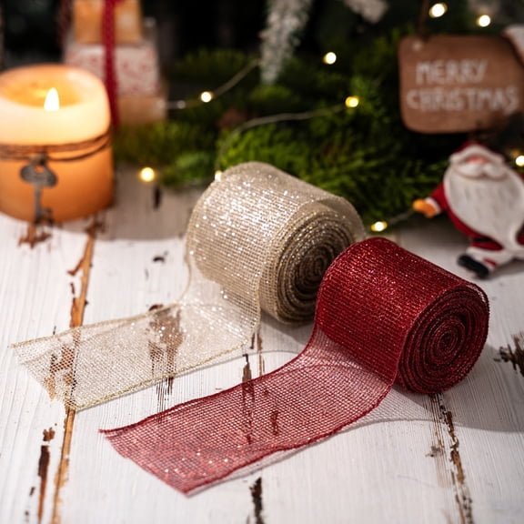 2Pcs Glitter Mesh Christmas Ribbon, 2.5 in x 196.85 in Wired Sheer Ribbon for Christmas Tree Wreath Gift Wrapping Holiday Home Decor