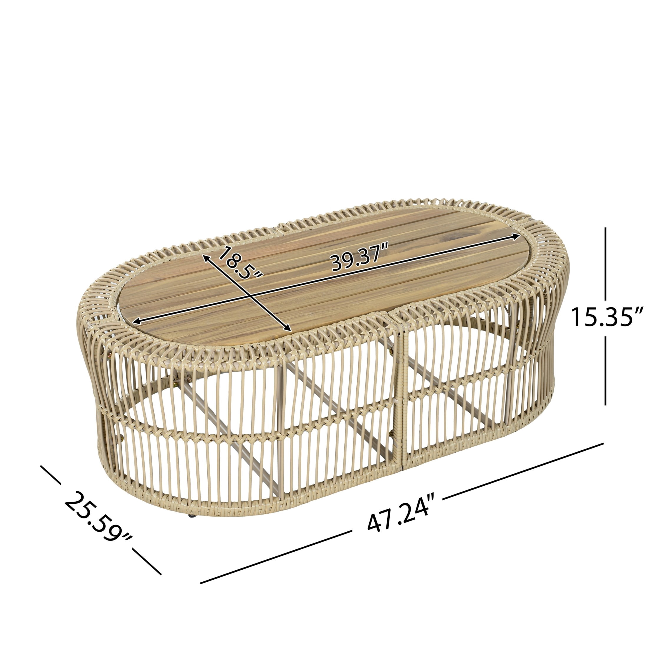 Christopher Knight Home 47" Boho Oval Wicker Frame Coffee Table with Acacia Wood Top, Light Brown