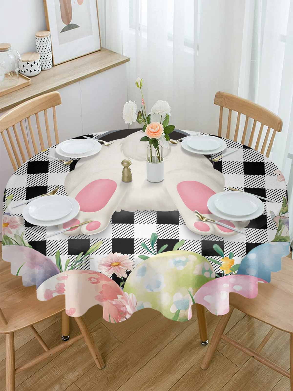 Round Tablecloth Easter Bunny Tail Waterproof Oil Proof Polyester Table Cloth Cover Decor for Home Dining Outdoor,Patio,Parties, 54" Dia. Color Eggs Spring Flowers Black White Plaid