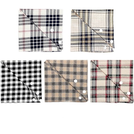 Spring 5PCS Dog Bandanas with Buttons - Triangle Bibs Dual Layer Soft Cotton Scarf for Pet Plaid Kerchief