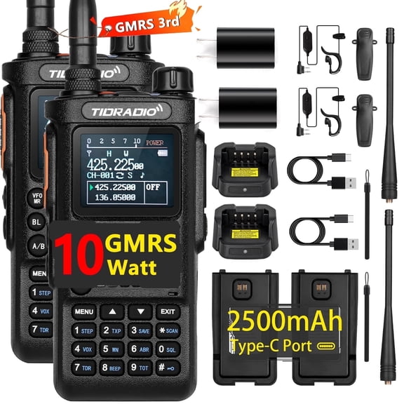 TIDRADIO TD-H8 3rd Gen 8W GMRS handheld Radio with Long Range Programmable GMRS Two Way Radio,AM,FM, Black-2Pack