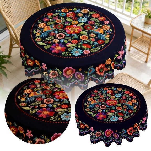 fsxdhpcsgfc Mexican Folk Art Floral Tablecloth Navy Blue With Colorful Embroidered Rectangle And Round Sizes Decorative Border With Pom Poms Dining Cover Tablecloth 70 X 70 Tablecloth for Camping
