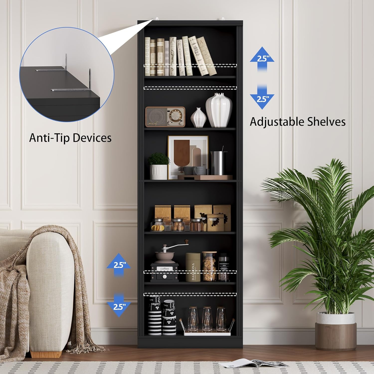 PUFFCAFE 75" Tall Bookcase,24" Wide Wood Book Shelf,6 Tier Display Storage Shelves,Black Bookshelf for Home Office Living Room Bedroom Study,2 Pack