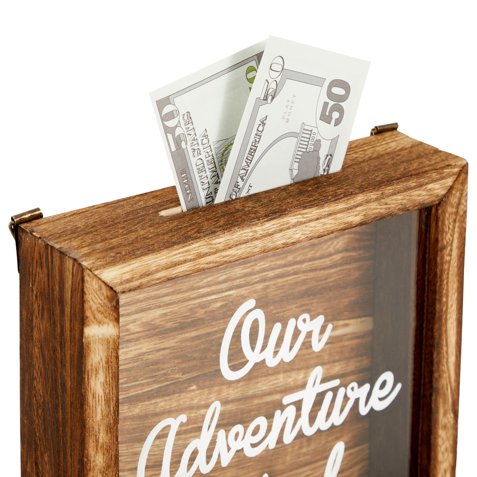 Mysu Designs, Adventure Fund Box, White Shadow Box Bank Travel, Acrylic Glass & Wooden Piggy Banks for Adults, Vacation Fund Saving Money Box, Honey