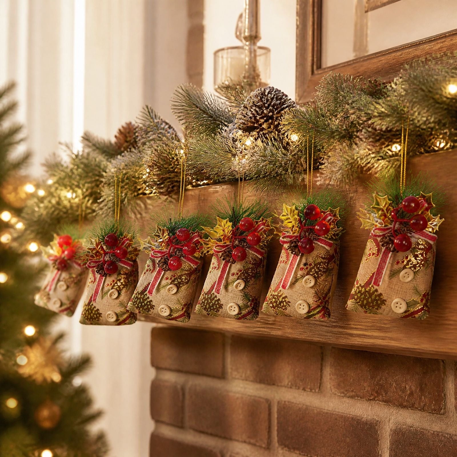 Fabric Christmas Gift Bags Reusable Cloth Holiday Gift Pouches with Drawstring Christmas Tree Hanging Ornaments for Family Gathering Home Decoration Gift Wrapping