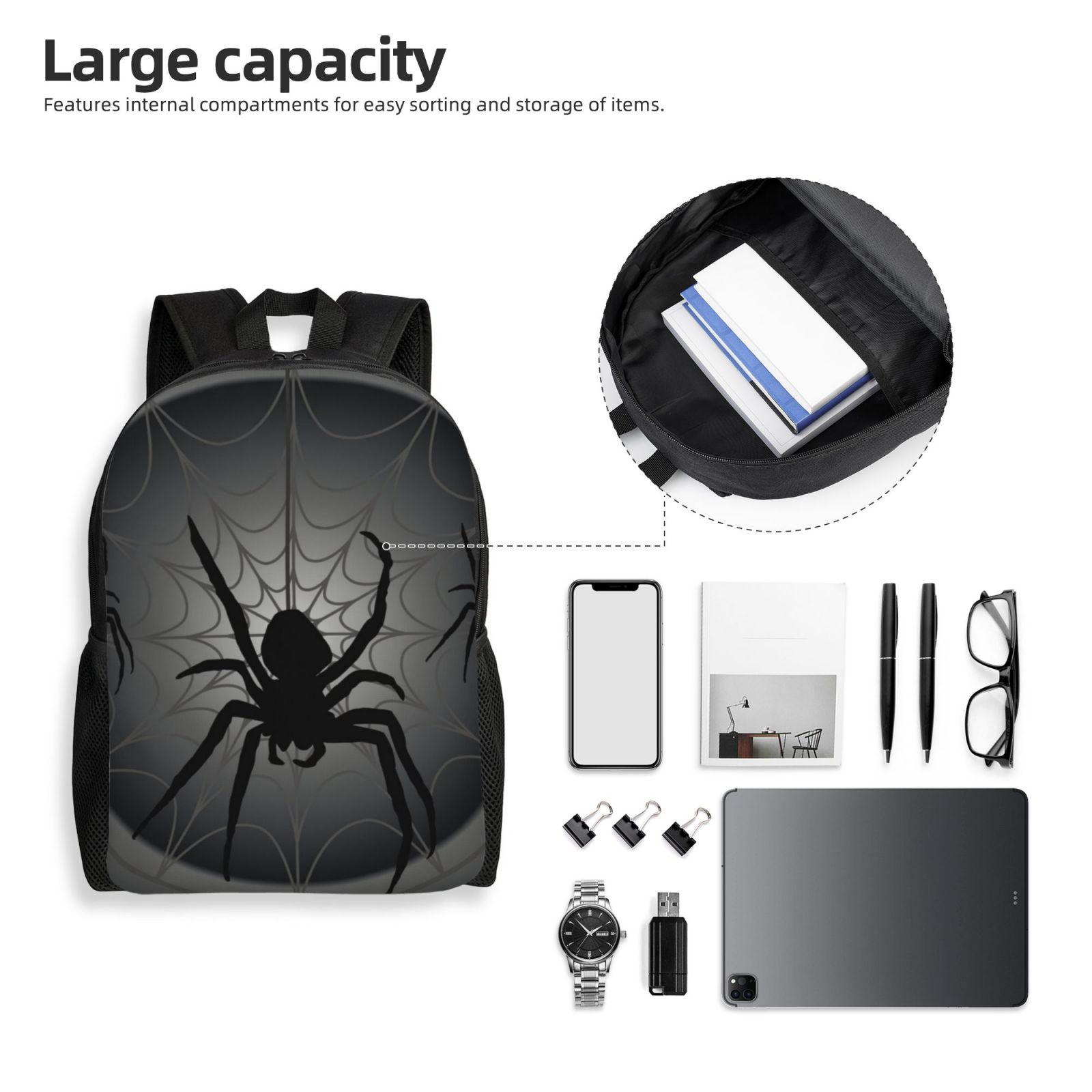 Xecao Black Spiders Print School Backpack with Laptop Compartment Small Travel Laptop Backpack for Women Men Waterproof College Backpack Simple School Bag