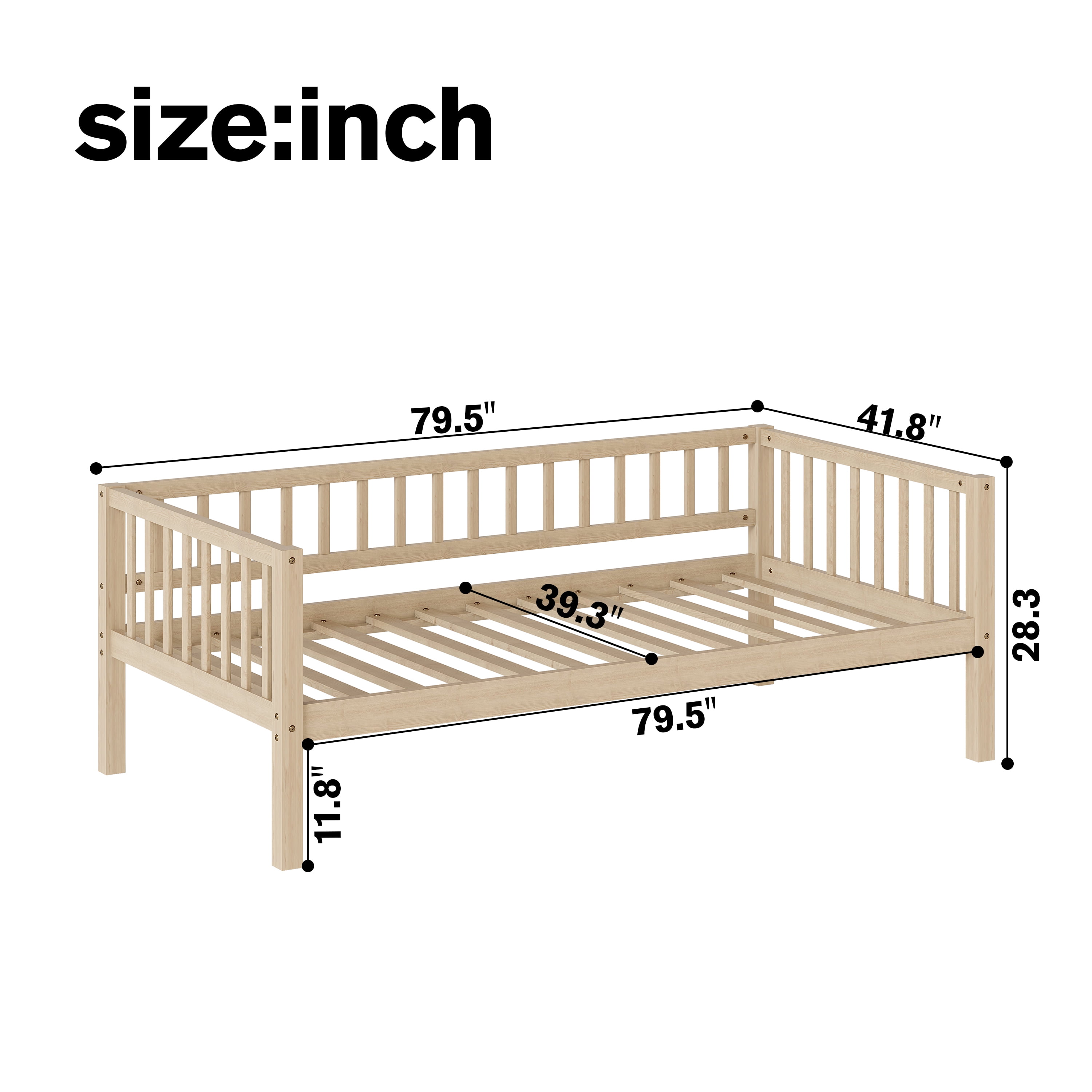 GARITIN Twin Size Daybed, 3-Sided Vertical Slat Guardrail Bed Frame, Breathable Wooden Slat Support Leisure Bed for Home Bedroom Guest Room, Natural