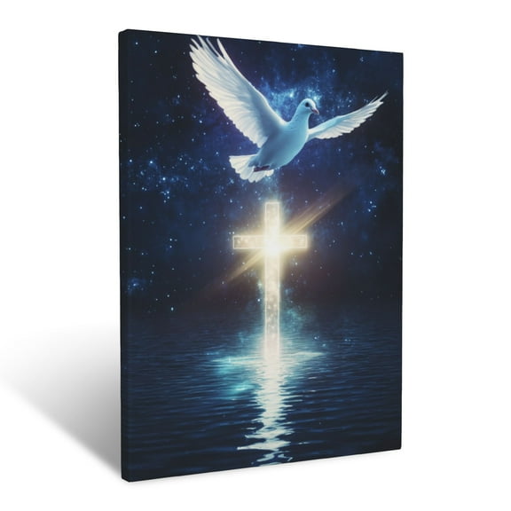 CozyNet Radiant Dove Flying Above A Glowing Cross Over Calm Waters Peace & Divine Presence Wall Art Prints With Frame Canvas Perfect for Living Room & Bedroom, Ready to Hang, Wall Decor 12"x16"