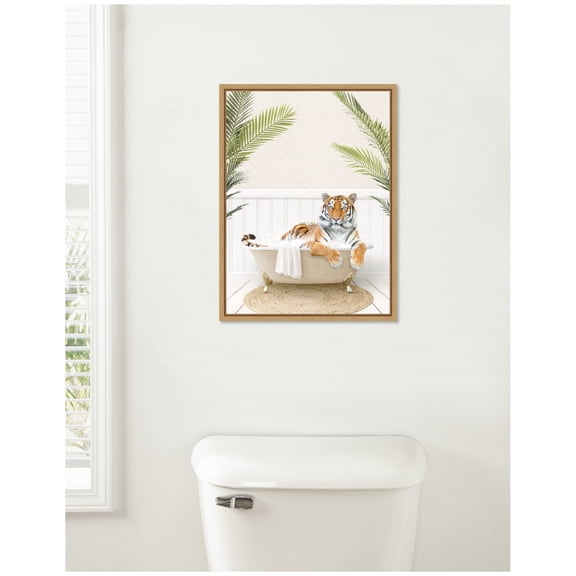 Kate and Laurel Tiger in Palm Bath Framed Canvas Wall Art by Amy Peterson 18 x 24 Sylvie Natural, Whimsical, Animals, Bathroom, Tropical Art for Wall Decor, Living Room, Bedroom