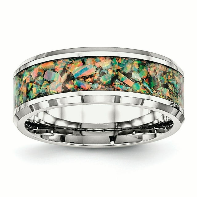 Stainless Steel Polished with Imitation Opal 8mm Men's Ring 11 Size
