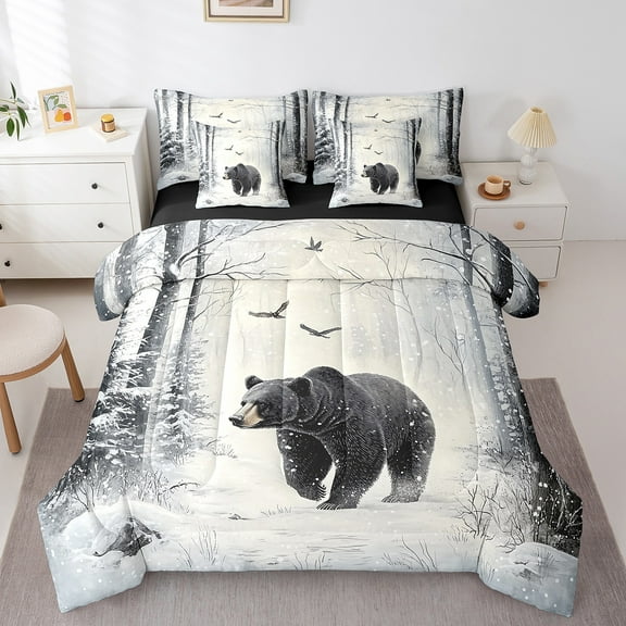 Erosebridal Rustic Bear Bedding Sets Twin Size, 3D Animal Comforter Sets with Sheets, Winter Wildlife Reversible Bed Set, Microfiber Bedroom Decor, 7 Pieces