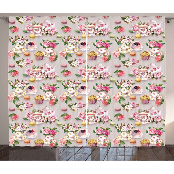 Kitchen Decor Curtains 2 Panels Set British Old Vintage Retro Image Of Antique Tea Set Print
