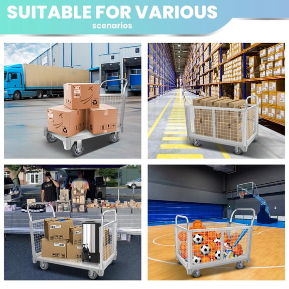 Heavy Duty 2200 LBS 5-in-1 Foldable Platform Cart with Wire Mesh Cage, Swivel Wheels, Multi-Purpose Utility Dolly for Warehouse, Grocery, Laundry & Stall
