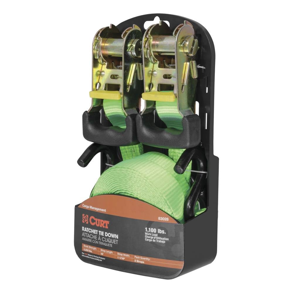CURT 83028 1Inch x 16Foot Lime Green Nylon Ratchet Straps, 3,300 lbs. Break Strength, 2Pack