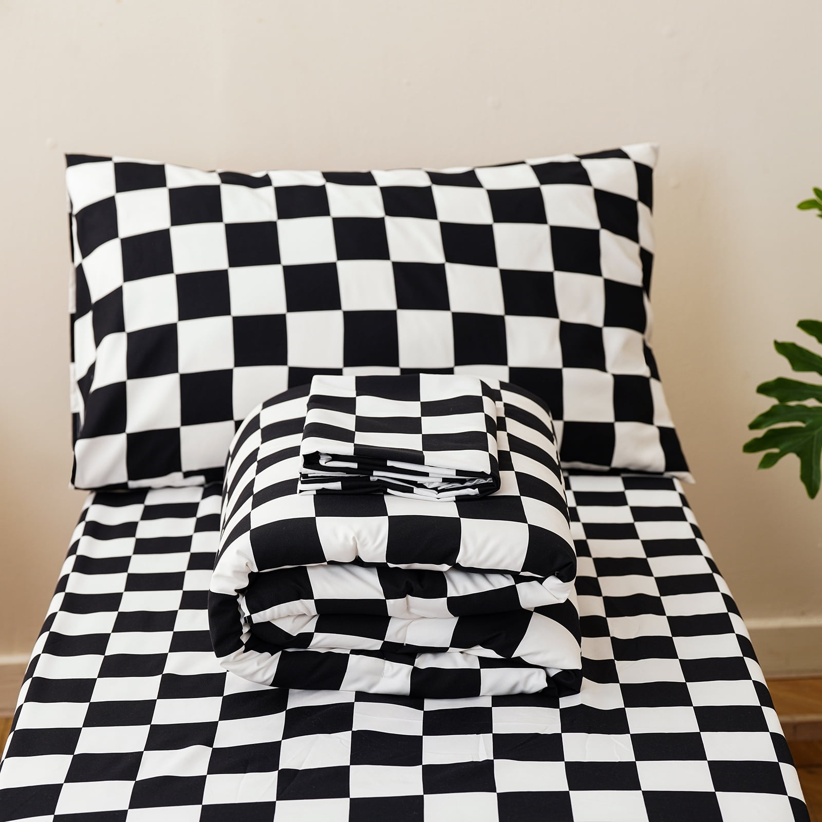 Wellboo Black White Plaid Toddler Bedding Sets for Girls Boys Black and White Checkerboard Grid 4 Pieces Soft Crib Bed Set Including Comforter, Sheets and Pillowcase Kids Checkered Geometric Quilt