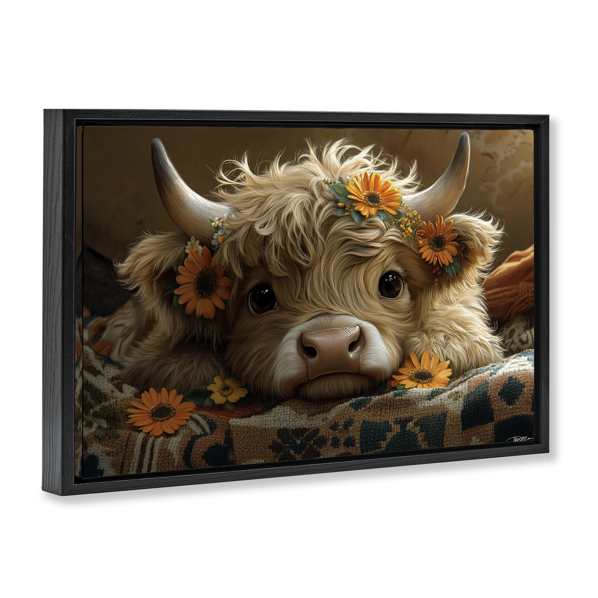 Adorable Flower Bedecked Cattle Black Framed Floater Canvas Wall Art, design by Momart