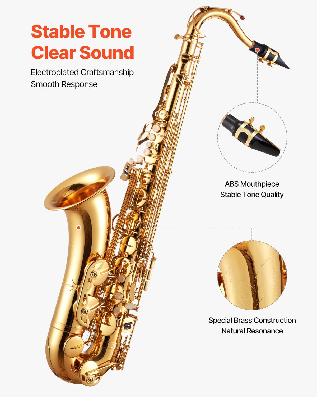 VEVOR Tenor Saxophone, B Flat, Professional Brass Saxophone Beginner Kit with Carrying Case, Mouthpiece, Straps, Cleaning Cloth, Gloves, Neck Strap, 23 Keys Tenor Sax Kit, for Beginners Students,Gold