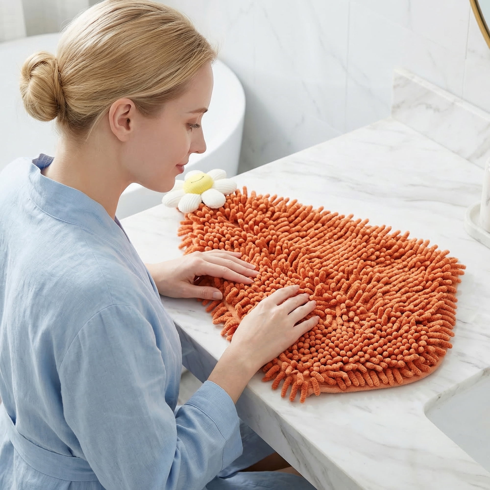 Unique Bargains Soft Absorbent Quick Dry Cute Flower Chenille Hand Towels Orange 12" x 12"