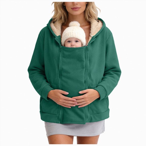 Cdudpw Maternity Coat Women's Kangaroo Sweatshirt for Mom and Baby Carrier Maternity Coat Fleece Jacket 3-In-1 Thicken Fleece Jacket,Zip Panels,Clothing(S355-Green)