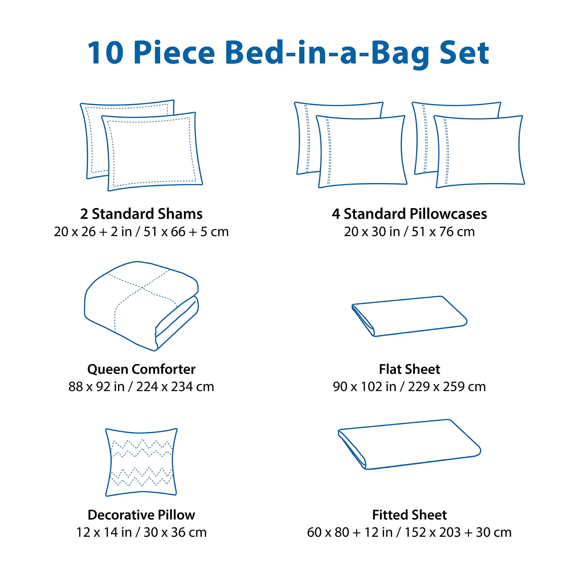 Mainstays 10 Piece Grey Color Block Bed in a Bag Comforter Set with Sheets, Queen