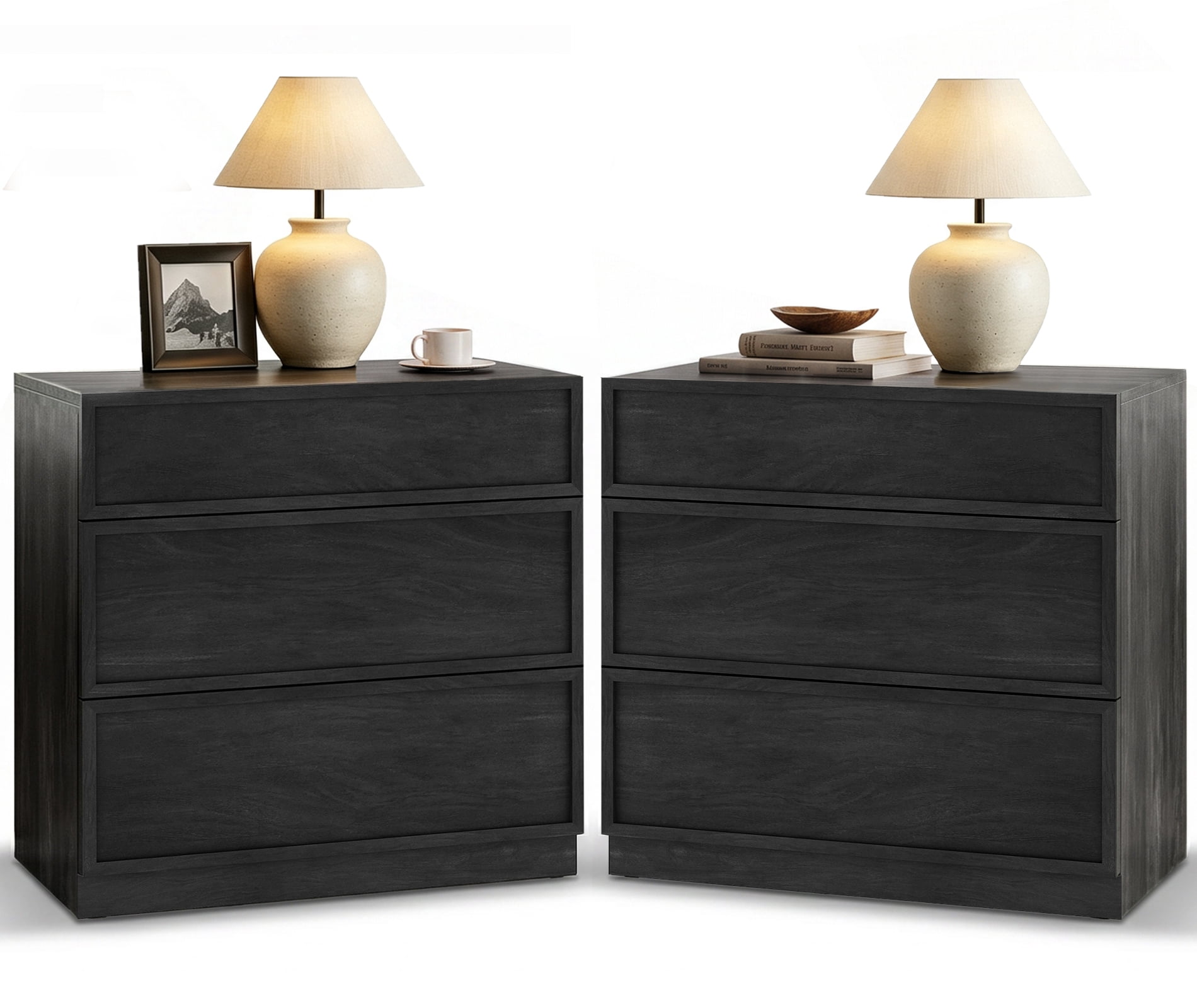 Set of 2 Nightstand with 3 Drawers, Modern Tall End Table with Large Storage for Living Room, Bedroom Wooden Side Table and Closet Organizer