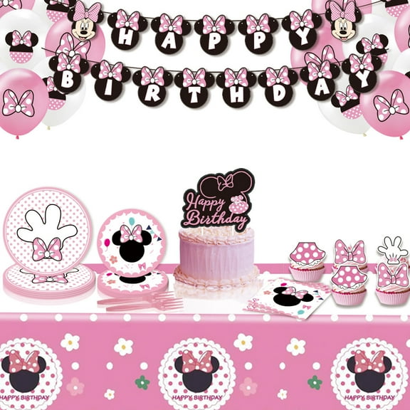 Mickey Birthday Decorations | Minnie Party Decorations | Serves 10 | Balloons, Banner, Tablecover, Plates, Napkins