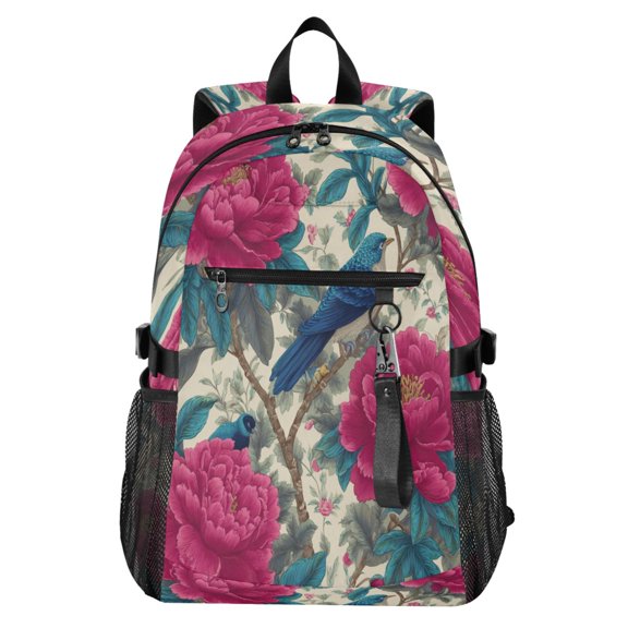 Full‑Print Casual Laptop Backpack, 20L Water‑Resistant Twill Tote Daypack with 14 Inch Computer Compartment for School Business Travel Lovely Flowers and Birds