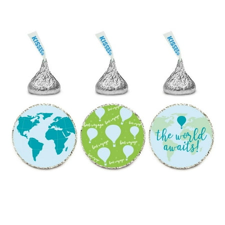 Hot Air Balloon Adventure World Map Party, Blue Green, Chocolate Drop Label Stickers Trio, (Best Hot Chocolate In The World)