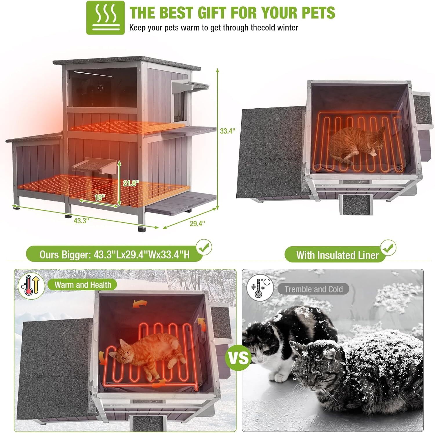 Aivituvin Heated Insulated Cat House Outdoor with Liner in Winter, Outside Weatherproof Feral Cat Shelter with Escape Doors and Window, Upgrade Anti-Chewing Cable
