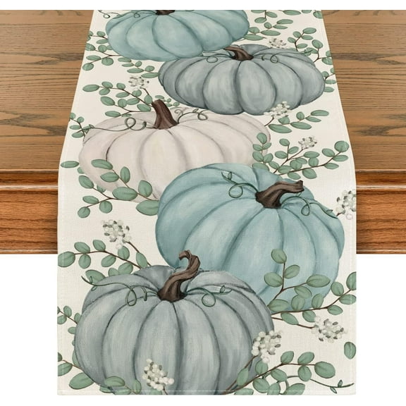 SM-XLHN Pumpkins Eucalyptus Leaves Fall Table Runner, Autumn Thanksgiving Kitchen Dining Table Decoration for Home Party Decor 13x72 Inch