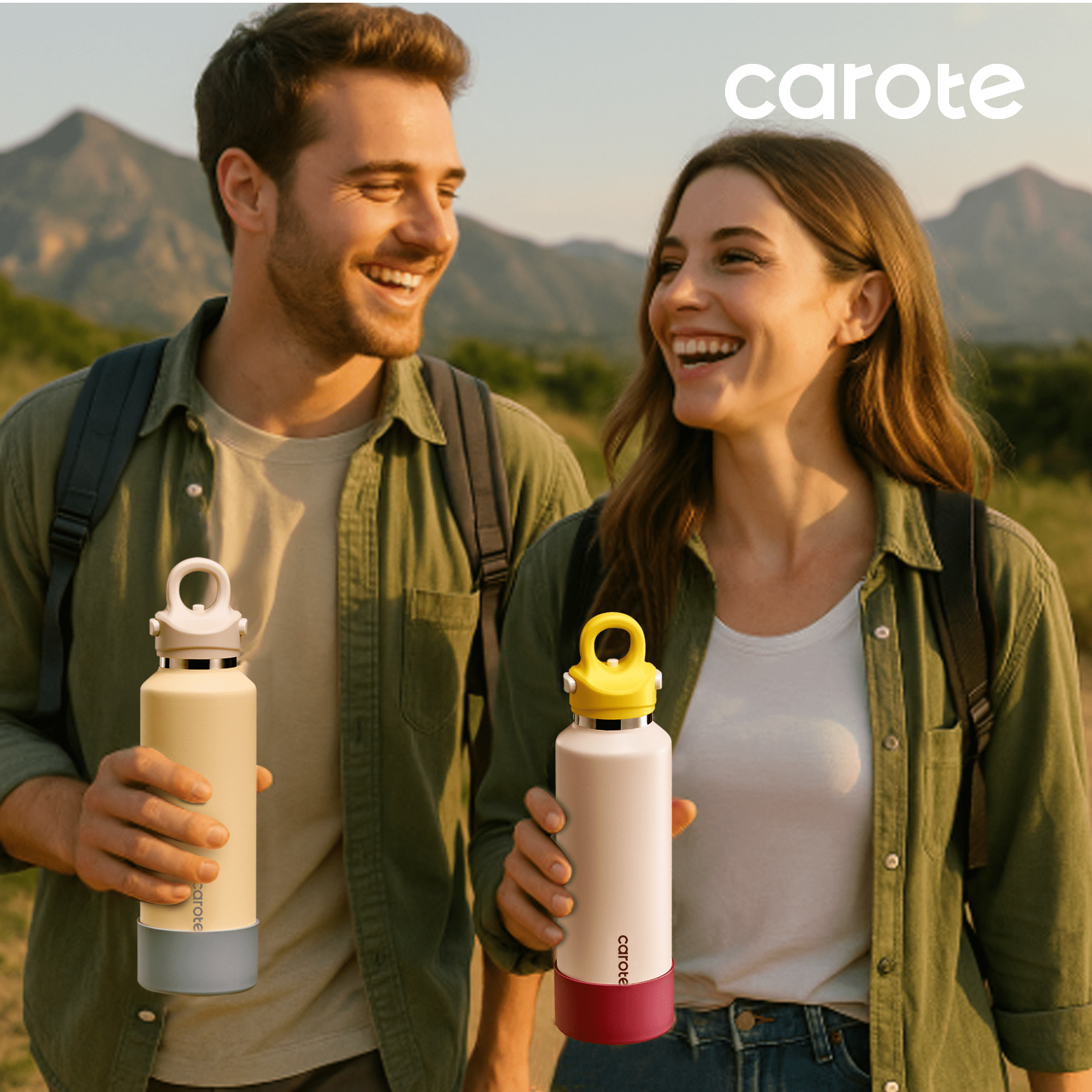 Carote 2-Pack One-Click-Open Insulated Stainless Steel Water Bottle Set, 20oz Blue & Purple