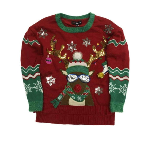Womens Red Sequin Snowflake Reindeer Pom Holiday Christmas Sweater S