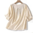 thumbnail image 6 of Lovskoo Cotton Linen Shirts for Women 3/4 Sleeve V Neck Loose T-Shirt Solid Color Embroidered Summer Tops Shirt Khaki, 6 of 9