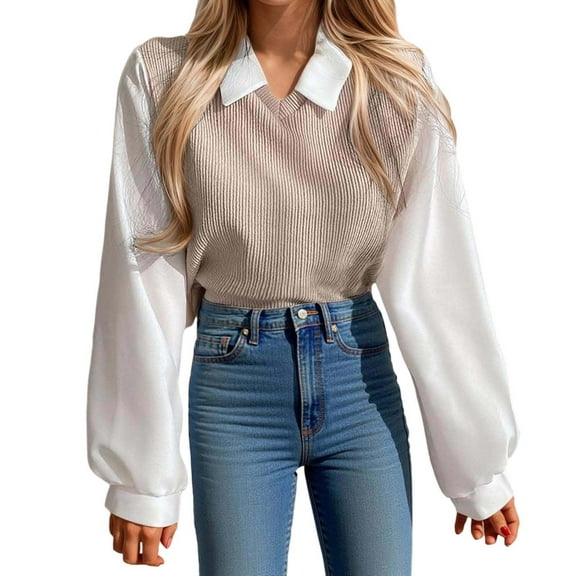 QHFBli Womens Collar Long Sleeve Shirt Ribbed Knit 2 in 1 Blouse Crop Top Sweater Shirt Top